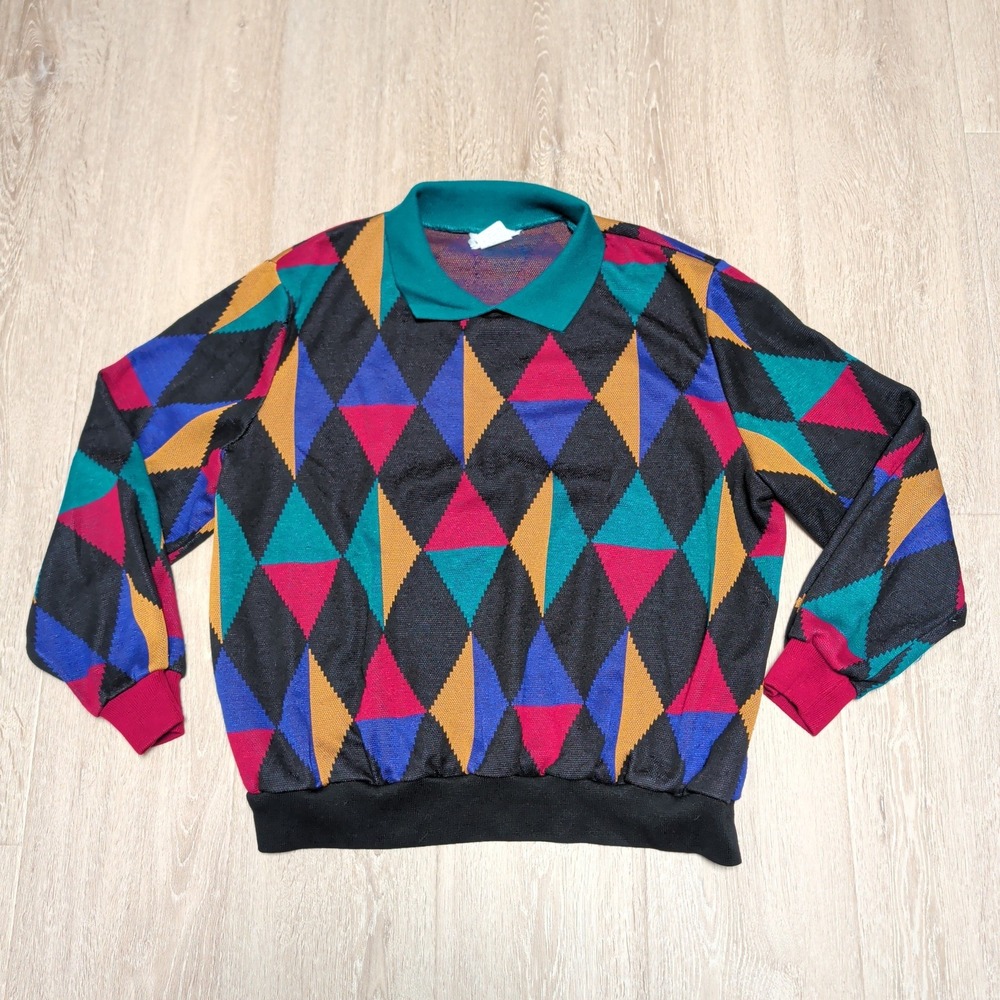 Vintage 90s Cricket Lane‎ Harlequin Diamond Knit Polo Sweater Multi Color Mens L